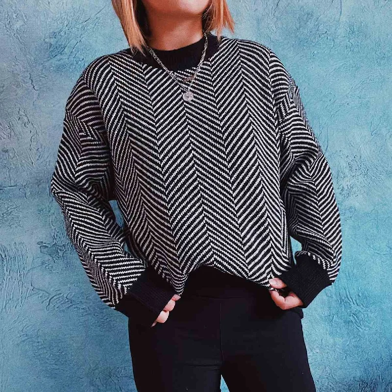 2022 Autumn And Winter New Commuter OL Slim-Fit Diagonal Striped Round Neck Long Sleeve Knitted Sweater Pullover