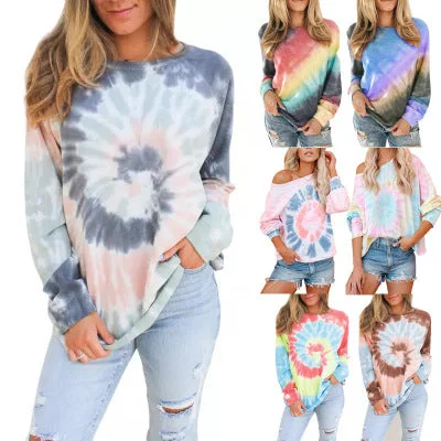 Fashion womans long-sleeved tie dye sweatshirt crop hoodie T shirt