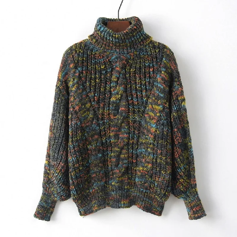 new high neck pullover colorful thread thick needle twist lantern sleeve sweater female Amazon foreign trade