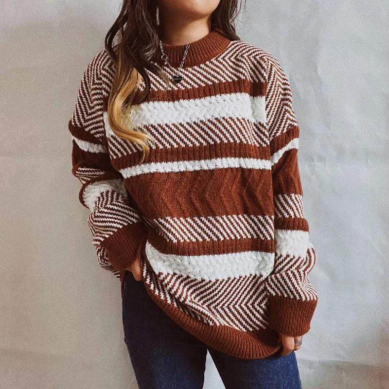 New Irregular Striped Color Stitching Thickened Round Neck Long Sleeve Knitted Sweater Pullover