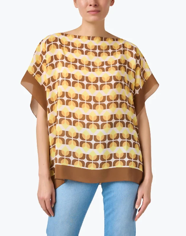 Print Silk Poncho Top In Yellow