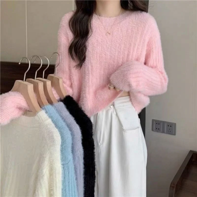 Short Mink Sweater Women's Solid Color Sweet All-Matching Graceful Pullover Fashion Knitwear Top