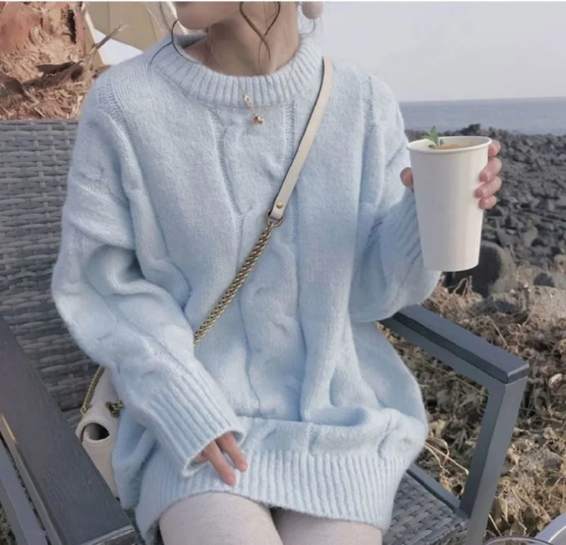 Soft Milk Blue Japanese Thickened Sweater Women's 2022 Autumn And Winter New Lazy Wind Loose Outer Wear Pullover