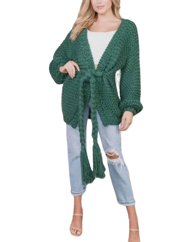 Soho Chunky Crochet Cardigan In Hunter Green