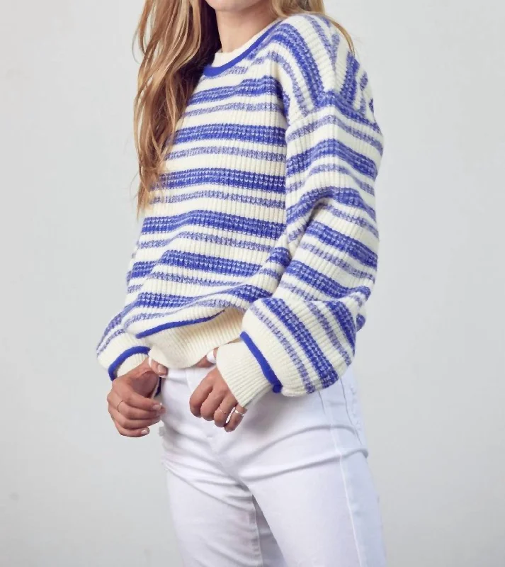 Striped Round Neck Sweater In Cobalt Blue