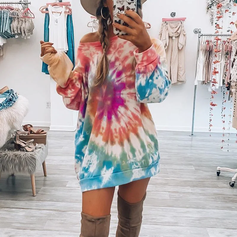 Womens tie dye printed gradient ladies long sleeved hoodie sweatshirt