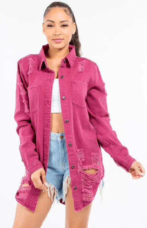 Anna Long Sleeves Denim Shirts Jacket-Plum