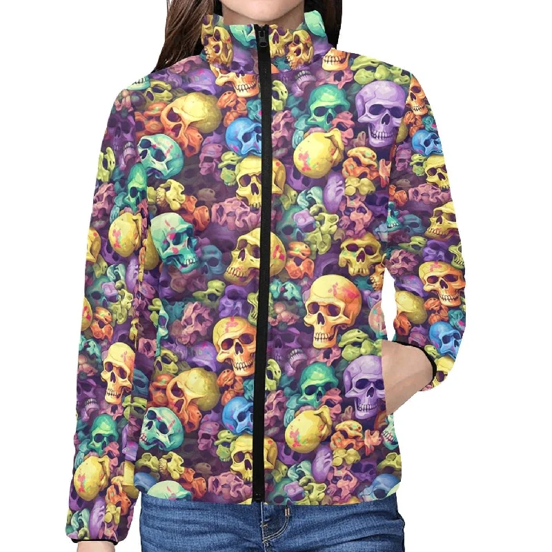 Colorful Skulls Pattern Women's Stand Collar Padded Jacket