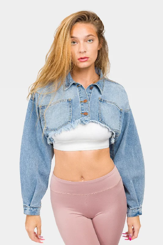 Cropped Backless Raw Hem Denim Jacket