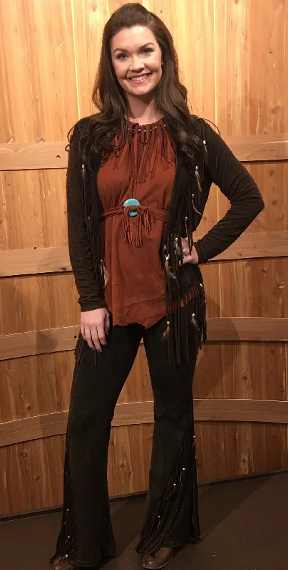 Distressed Brown Feathered Fringed Short Jacket