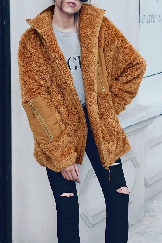 Full Zip Collared Outerwear Loose Fleece Teddy Coats