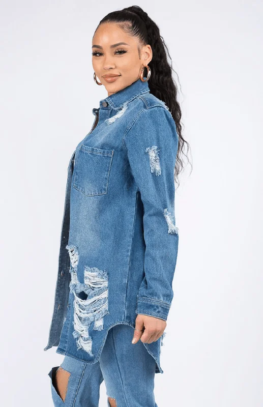 Laila Long Sleeves Denim Shirts Jacket-Medium Blue