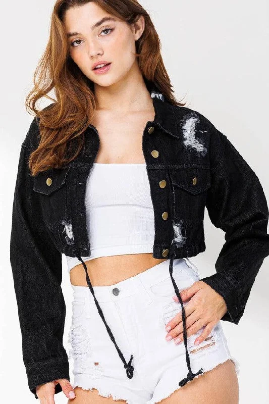 Niya String Front Button Denim Jacket-Black