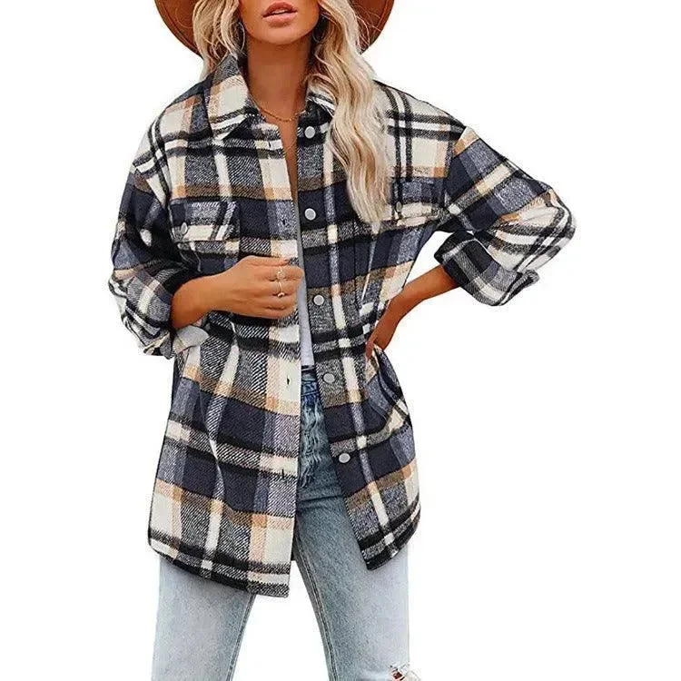 Women Lapel Loose Plaid Thickened Woolen Jacket