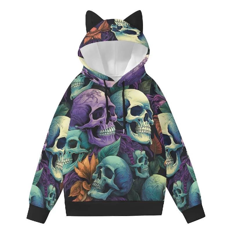 Women’s Purple Blue Skulls Hoodie With Decorative Ears