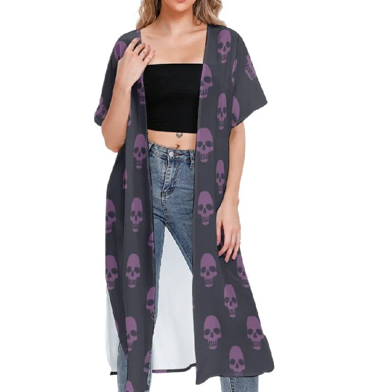 Women's Black With Purple Skulls Short Sleeve Cardigan