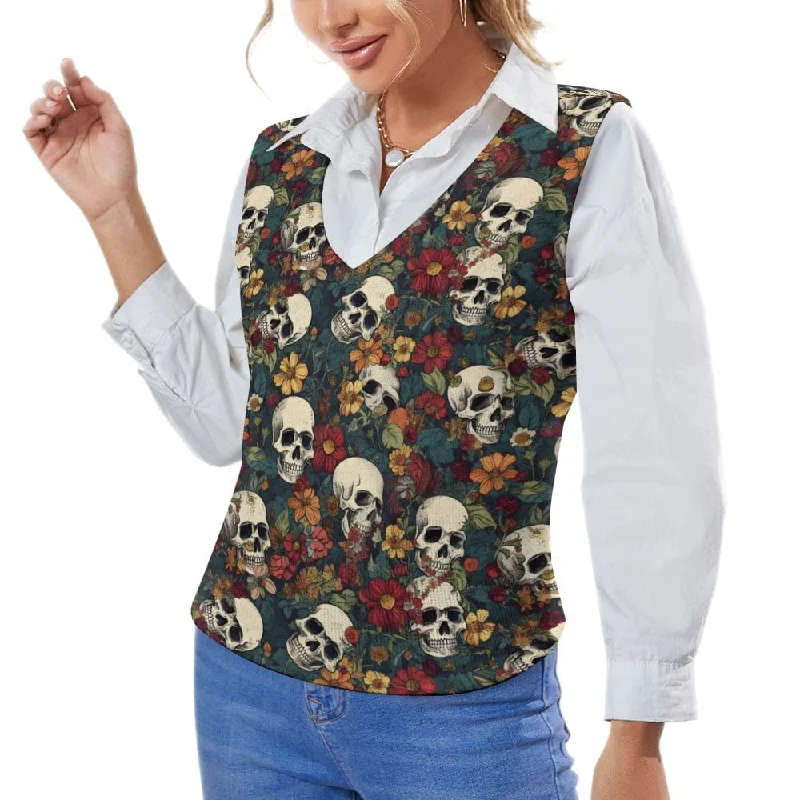 Women's Brown Floral Skulls Knit Sweater Vest