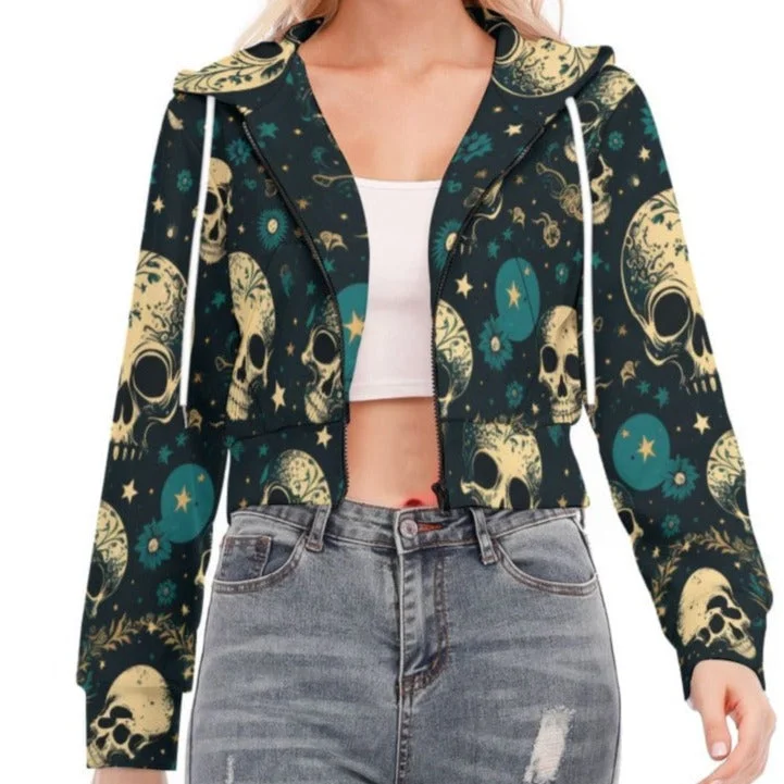 Women's Celestial Skulls Crop Top Hoodie With Zipper Closure