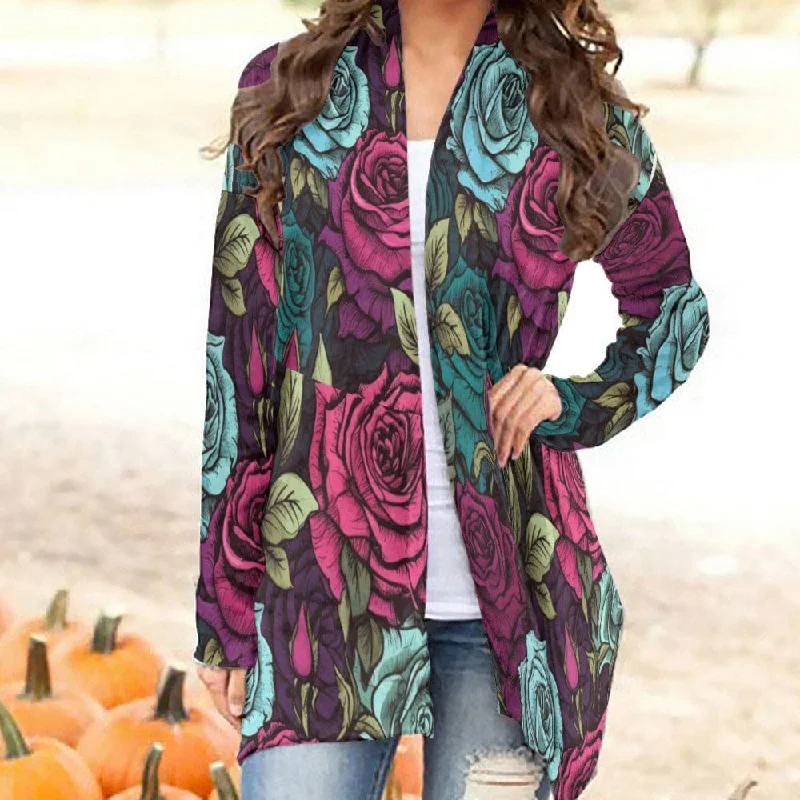 Women's Gothic Pink And Blue Roses Cardigan With Long Sleeve