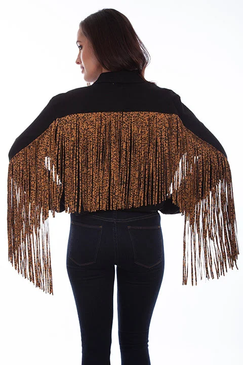 Women's Honey Creek Jacket Collection: Black Denim Leopard Print Fringe