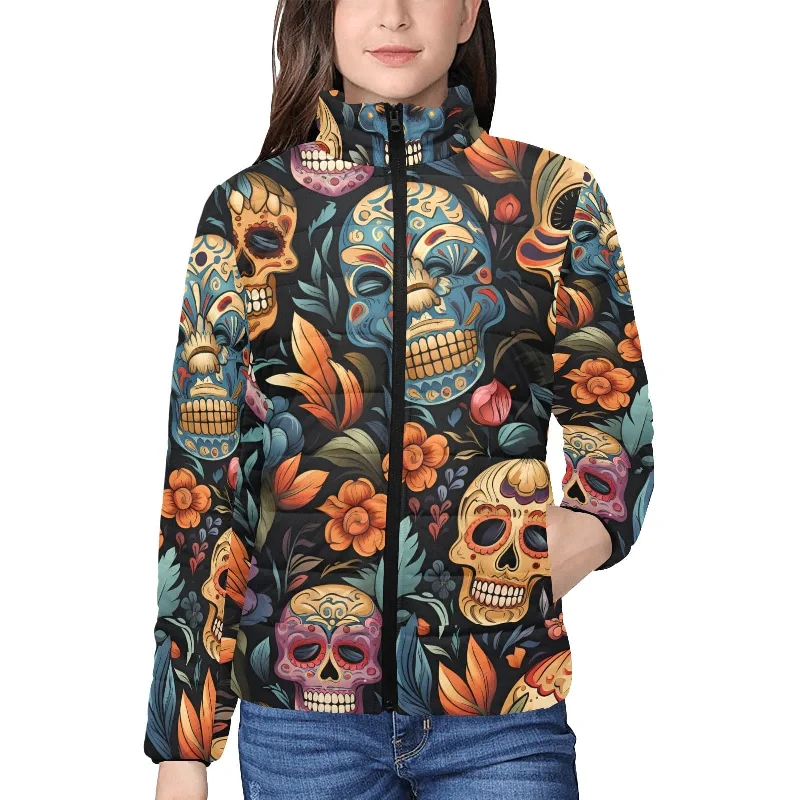 Women's Laughing Skulls Floral Stand Collar Padded Jacket