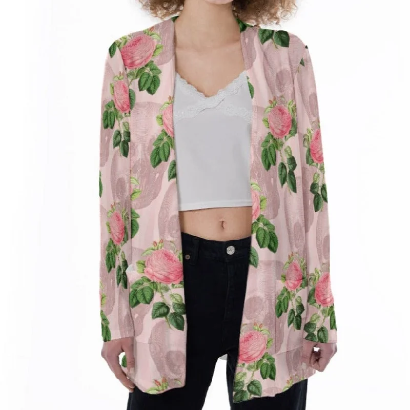 Women's Pink Skull Floral Patch Pocket Cardigan