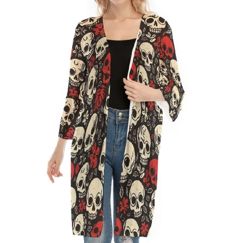 Women's Red And White Skulls Mesh Cardigan