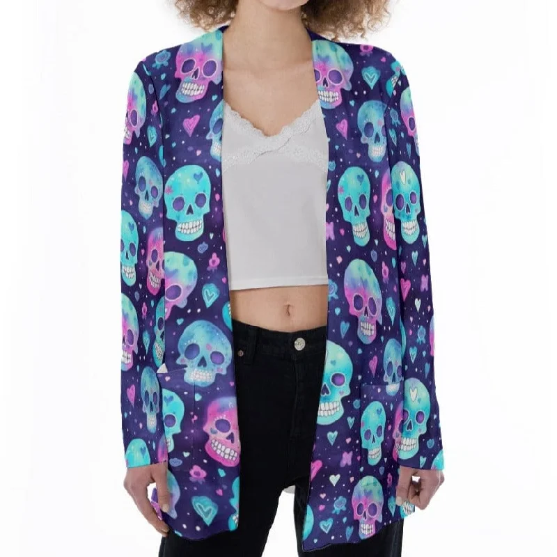 Women's Vibrant Colored Skulls Patch Pocket Cardigan