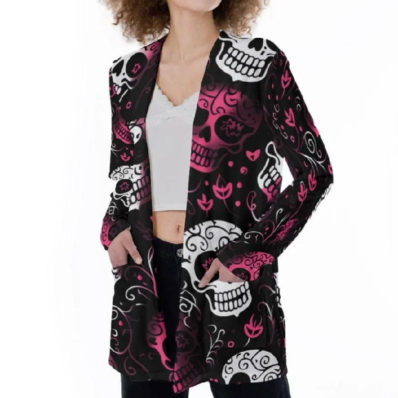 Women's White And Pink Skulls Patch Pocket Cardigan