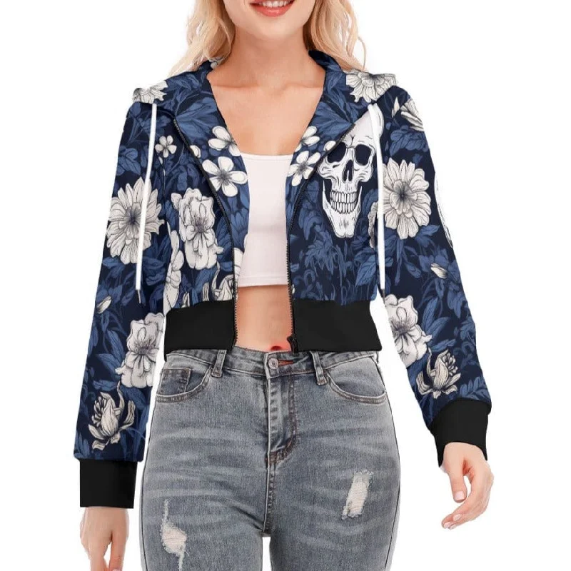 Women's White Floral Skull Crop Hoodie With Zipper Closure