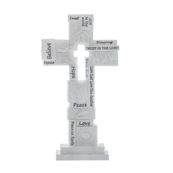 Light Up Collage Nativity Standing Cross Figurine