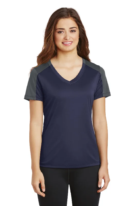 Sport-Tek Womens Competitor Moisture Wicking Short Sleeve V-Neck T-Shirt - Navy Blue/Iron Grey - Closeout