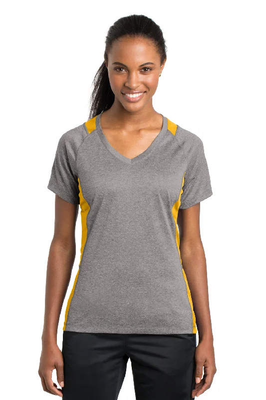 Sport-Tek Womens Contender Heather Moisture Wicking Short Sleeve V-Neck T-Shirt - Heather Vintage Grey/Gold - Closeout