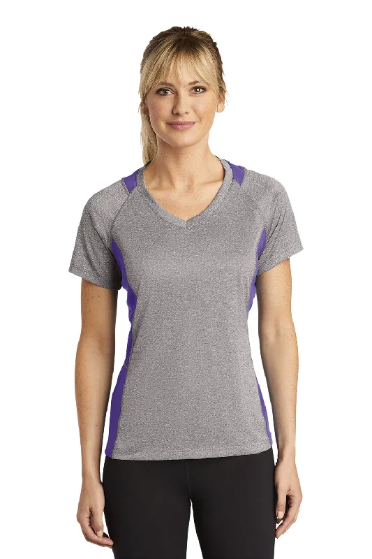 Sport-Tek Womens Contender Heather Moisture Wicking Short Sleeve V-Neck T-Shirt - Heather Vintage Grey/Purple