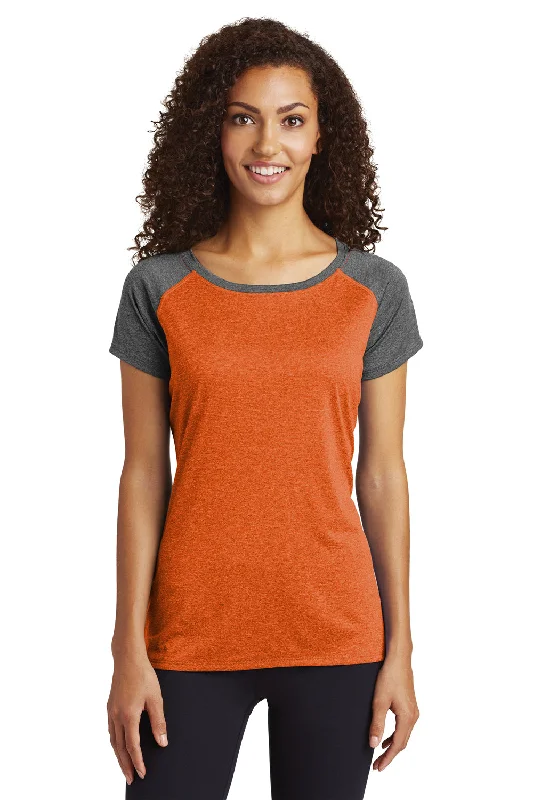 Sport-Tek Womens Contender Heather Moisture Wicking Short Sleeve Wide Neck T-Shirt - Heather Deep Orange/Heather Graphite Grey - Closeout