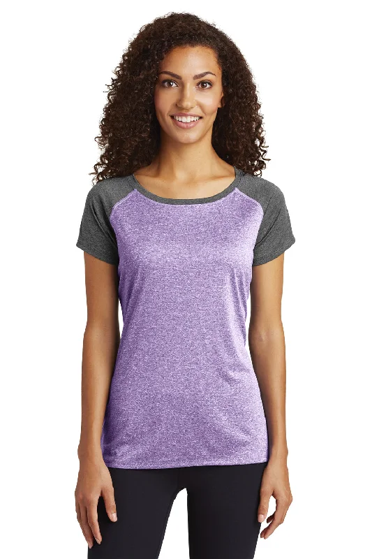 Sport-Tek Womens Contender Heather Moisture Wicking Short Sleeve Wide Neck T-Shirt - Heather Purple/Heather Graphite Grey - Closeout