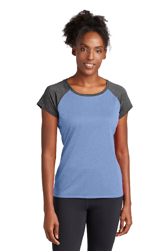 Sport-Tek Womens Contender Heather Moisture Wicking Short Sleeve Wide Neck T-Shirt - Heather True Royal Blue/Heather Graphite Grey