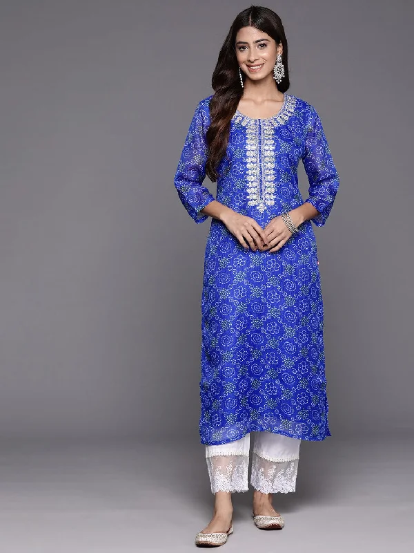 Blue Bandhani Printed, Three Quarter Sleeves Straight Kurta.