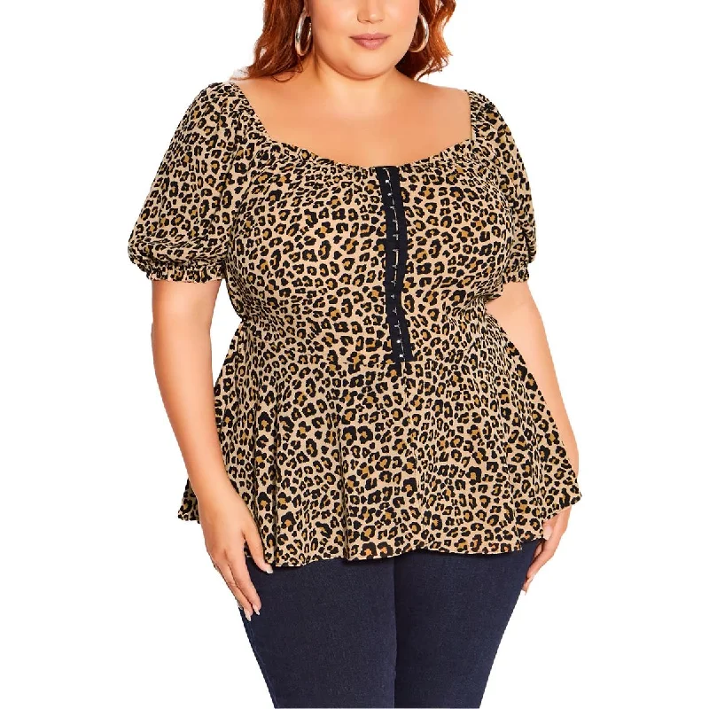 City Chic Womens Plus Corset Detail Animal Print Peplum Top