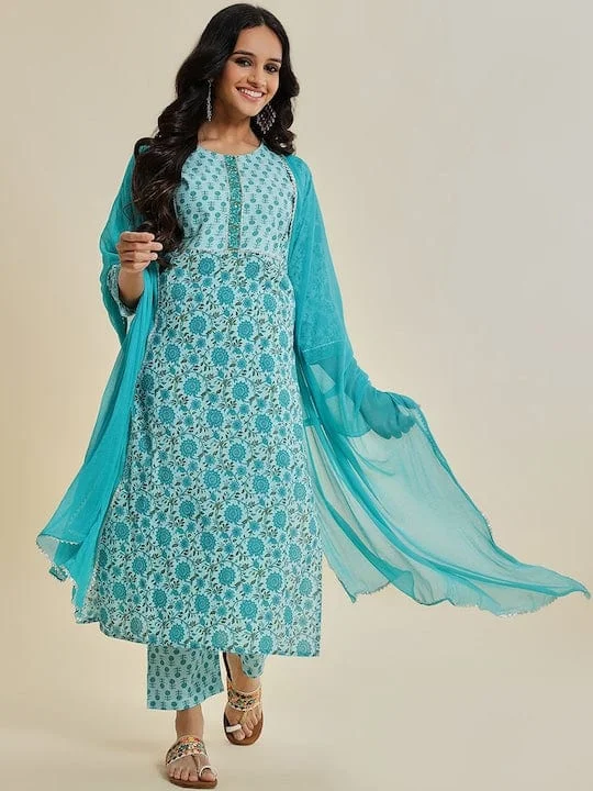 Floral Printed Gotta Patti Pure Cotton Kurta With Trousers & With Dupatta