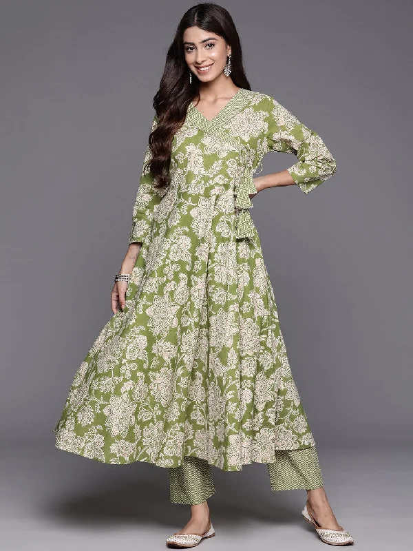 Green Floral Printed Angrakha Style Anarkali Kurta Paired With Printed Bottom.