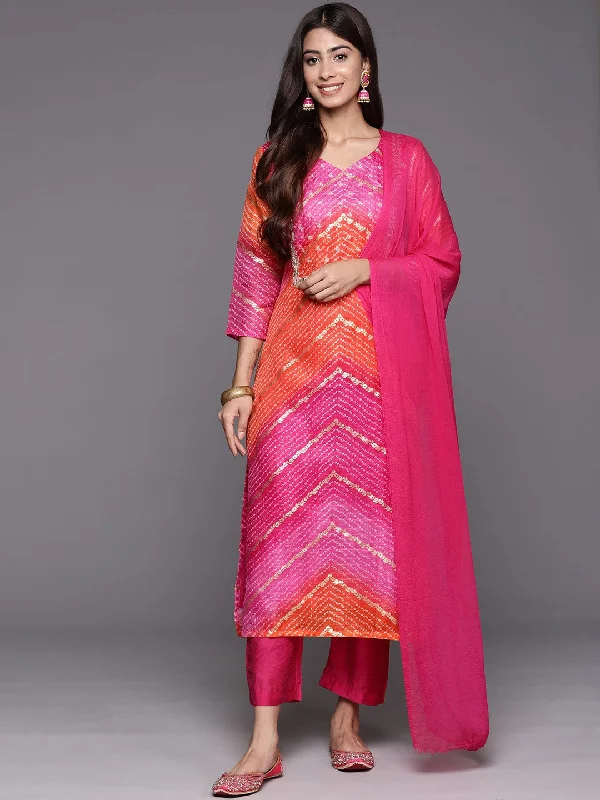 Pink & Orange Bandhani Printed Round Neck Embroidered Yoke Straight Kurta Paired With Tonal Bottom And Dupatta