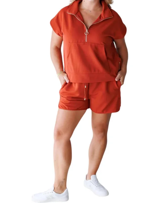 Ribbed Top And Shorts Set In Rust Burnt Orange