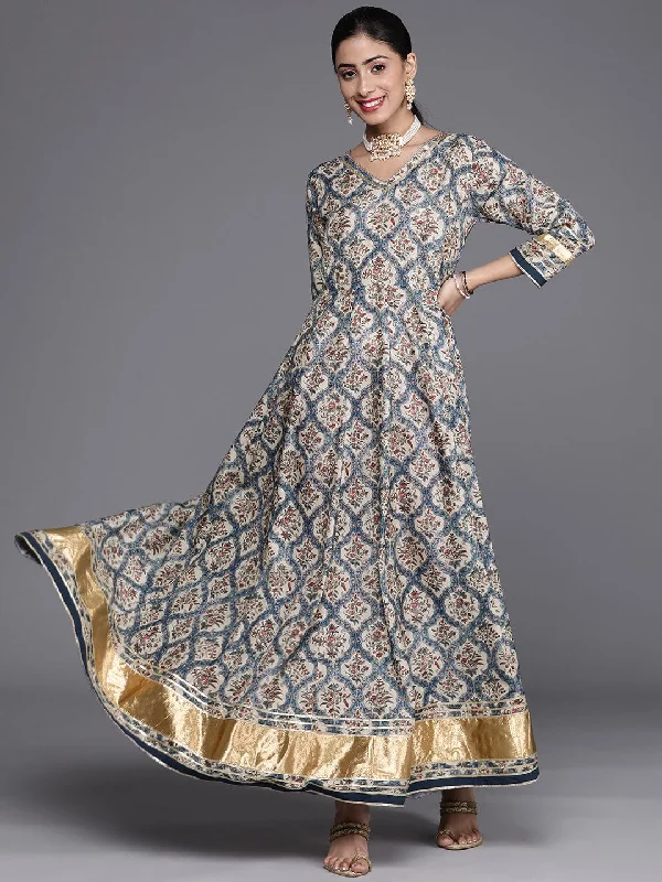 Varanga blue and cream floral printed gota embellished anarkali.