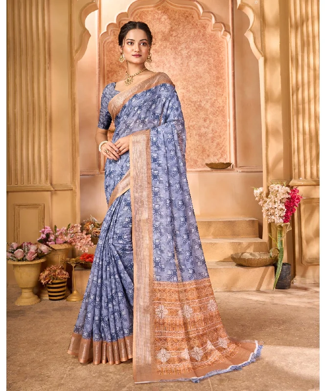 Varanga Blue Linen Designer Saree With Zari Border