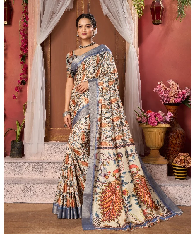 Varanga Cream Cotton Handloom Digital Saree With Zari Border