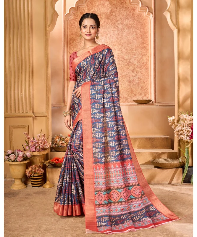 Varanga Blue Cotton Handloom Digital Designer Saree With Zari Border