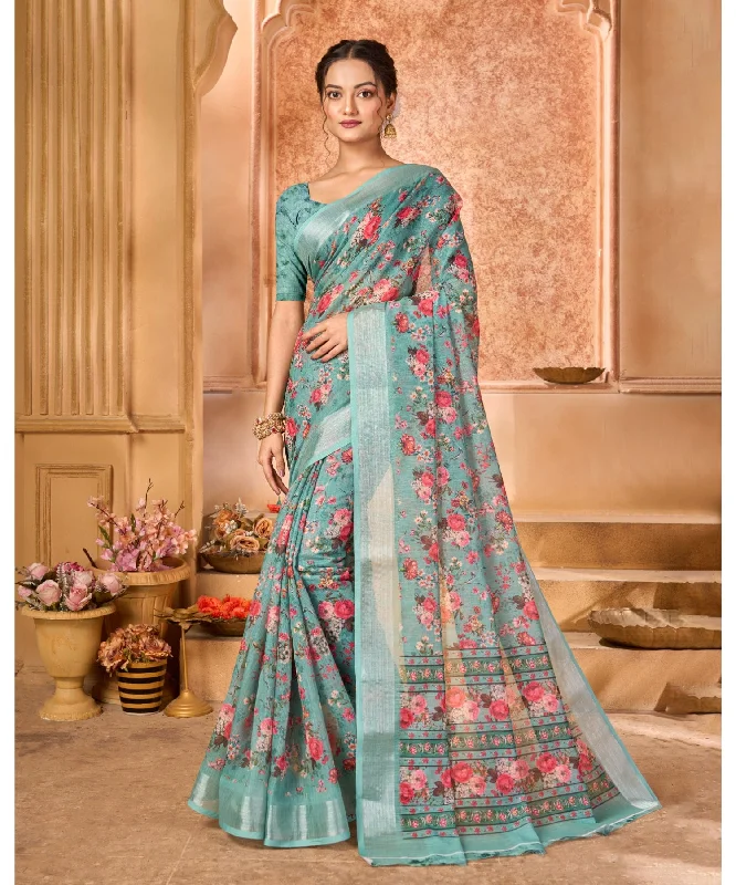 Varanga Light Teal Linen Designer Saree With Zari Border