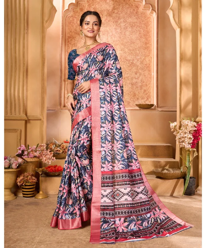 Varanga Blue Cotton Handloom Digital Saree With Zari Border