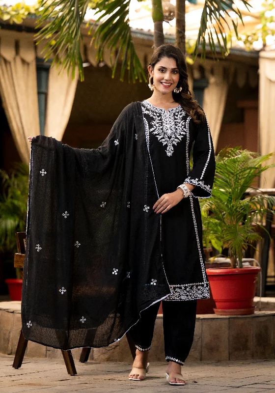 Varanga Ethnic Motif Thread Embroidered A-Line Kurta With Afghani Bottom & Dupatta